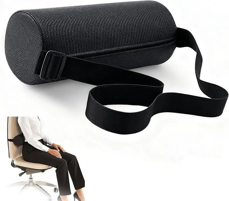 Almofada lombar com capa de algodão removível lavável, almofada lombar suporte redondo ajustável ergonómico para cadeira escritório, carro, sofá (preto) — Aquecimento