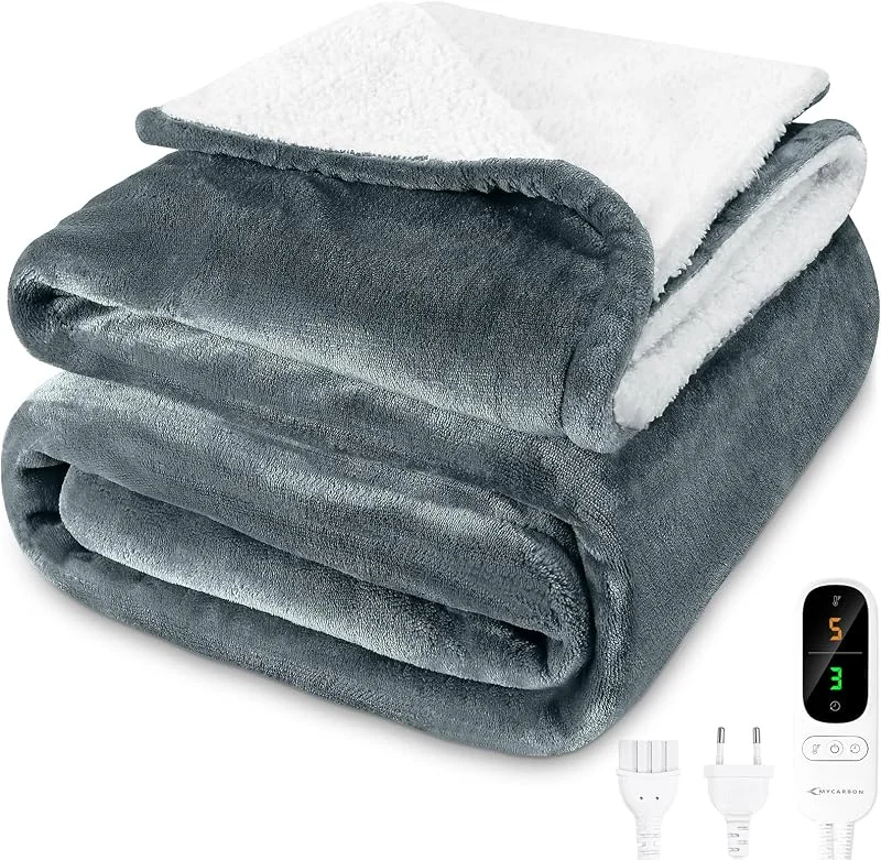 MYCARBON Manta Elétrica 180 x 160 cm com 6 Temperaturas de 30°C a 45°C, Timer 1-9 h, Manta Térmica de Baixo Consumo para Camas de Casal, Sofá, Cama, Escritório, com Controlador LED, Lavável (Cinzento — Aquecimento