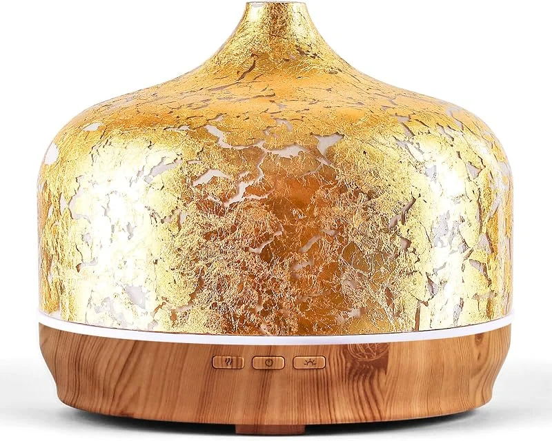 Porseme Difusor de Aroma de 500 ml, Difusor de Vidro Soprado para Óleos Essenciais, Humidificador Grande Ultrassônico de Névoa Fria Silencioso, 7 Cores LED para Casa Dura 15-21 Horas (Banhado a Ouro)