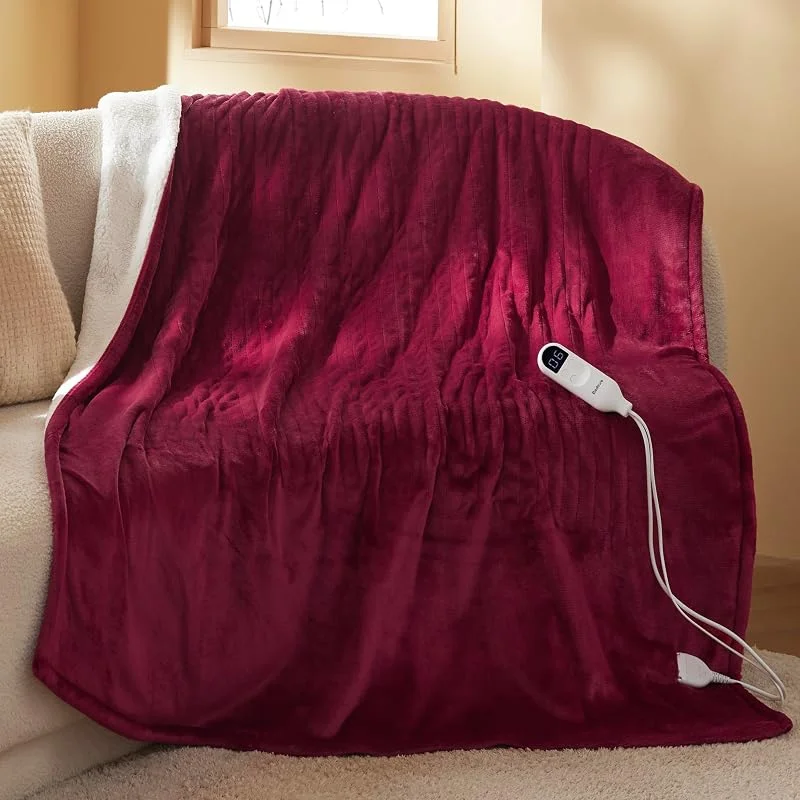 Bedsure Manta elétrica 130 x 180 cm, desligamento automático, 6 níveis de calor, temporizador 10 h, proteção contra sobreaquecimento 8 h, aconchegante para casa e escritório, bordô