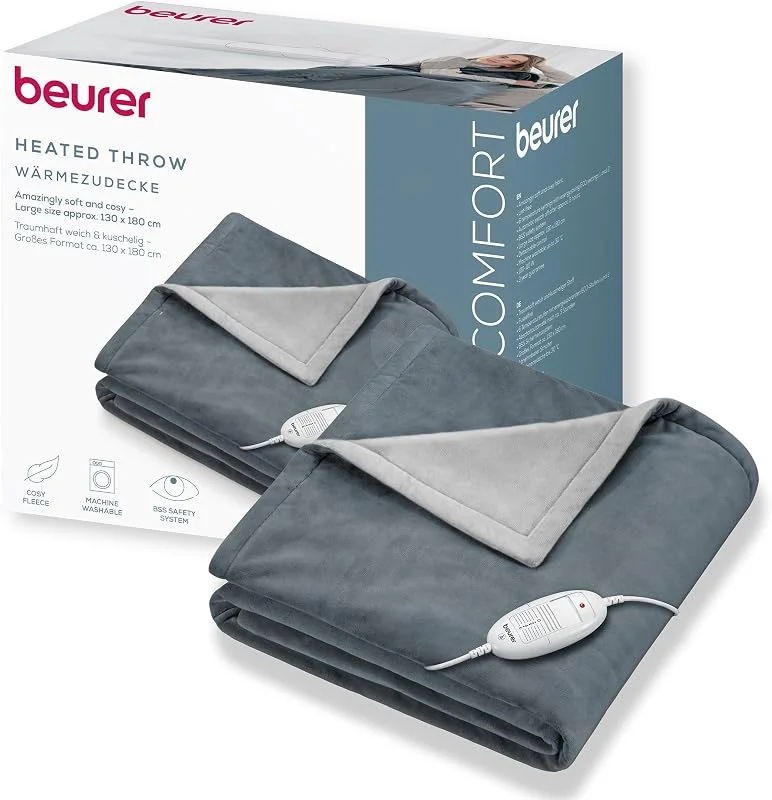 Beurer HD 75 Cinza Escuro Manta elétrica, manta térmica aconchegante e suave, 6 ajustes de temperatura, lavável à máquina, com desconexão automática e especialmente segura, cinza escuro, 180 x 130 cm — Aquecimento
