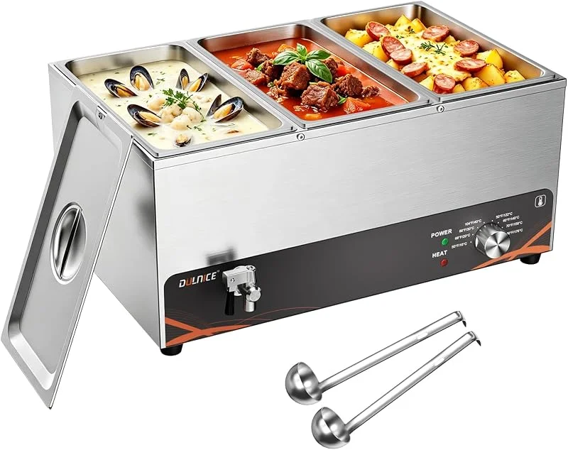Casa de banho maria elétrica 1500 W aquecedor de alimentos elétrico casa de banho maria hotelaria em aço inoxidável com 3 bandejas de aço inoxidável com 2 colheres, ajuste de temperatura 30-85 — Aquecimento