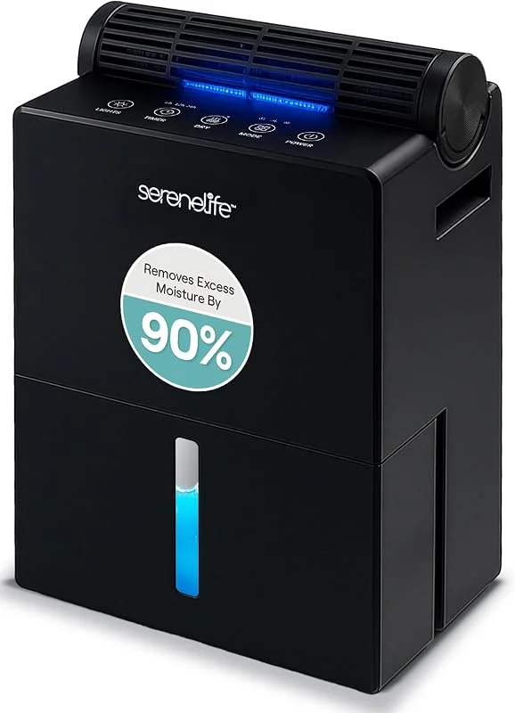 SereneLife Deshumidificador portátil 2 em 1 com cilindro removível e base de secagem, pequeno desumidificador doméstico com temporizador, modo de suspensão e controlo inteligente de humidade para