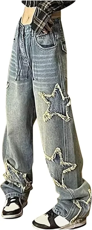Moda Mujer Jeans Cintura Alta Adelgazar Pierna Recta Holgada Estrella Parche High Street Pantalones Anchos Pantalones Azules Pantalones Mujer Agujeros, azul, S — Roupa aquecida