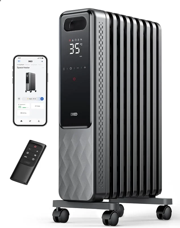 Dreo Radiador de Óleo 2000W, Aquecedor de Óleo Elétrico Portátil 9 Elementos Com Controlo Remoto, Temporizador 24h, 3 Ajustes de Calor, 4 Modos, Proteção Contra Sobreaquecimento