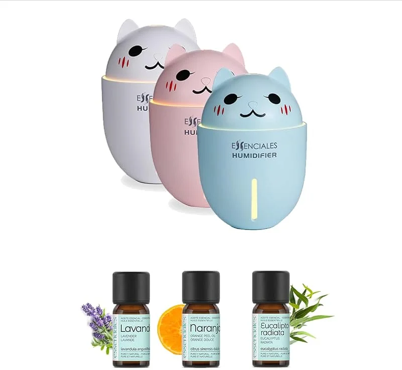 Humidificador Bebés Mocos e Tos EssenCAT - inclui óleos essenciais de 10 ml de Eucalipto, lavanda e laranja, ideais para acalmar a tosse e combater o muco - cor azul