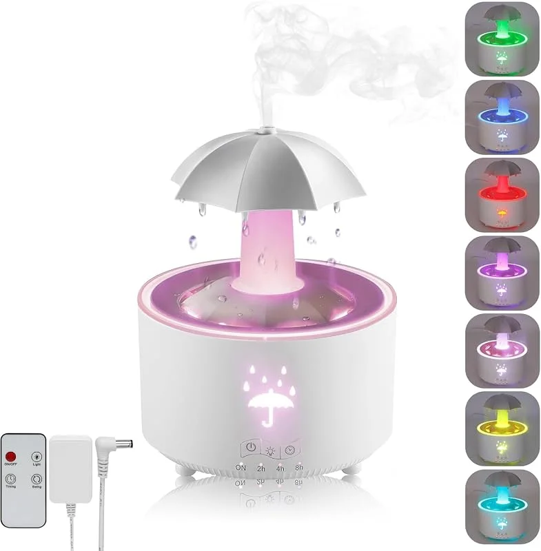 Humidificador para quarto, humidificador de guarda-chuva giratório de 7 cores, sons de chuva, humidificadores de ar de ruído branco com controlo remoto e temporizador, humidificador difusor de
