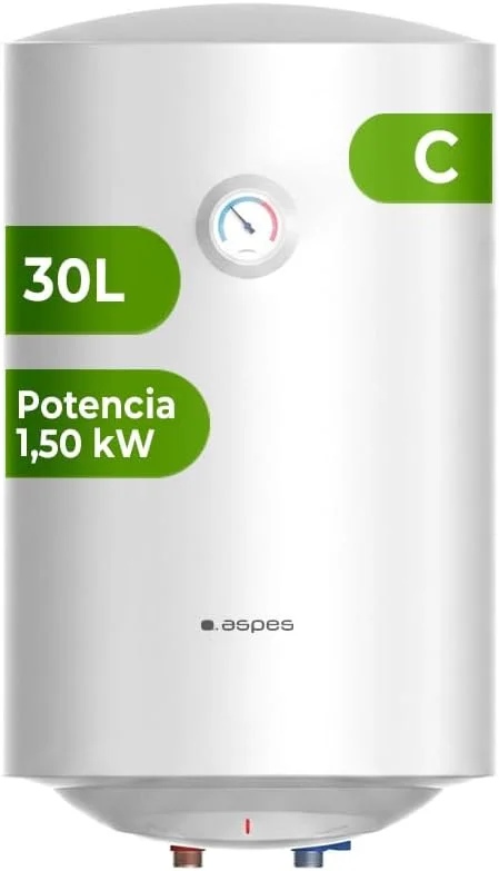 Aspes Garrafa térmica elétrica 30 litros, AT3000S. 1500 W, kit de montagem incluído, resistência de aço esmaltado, termostato manual, temperatura máxima de 70º, branco, eficiência energética classe C — Aquecimento