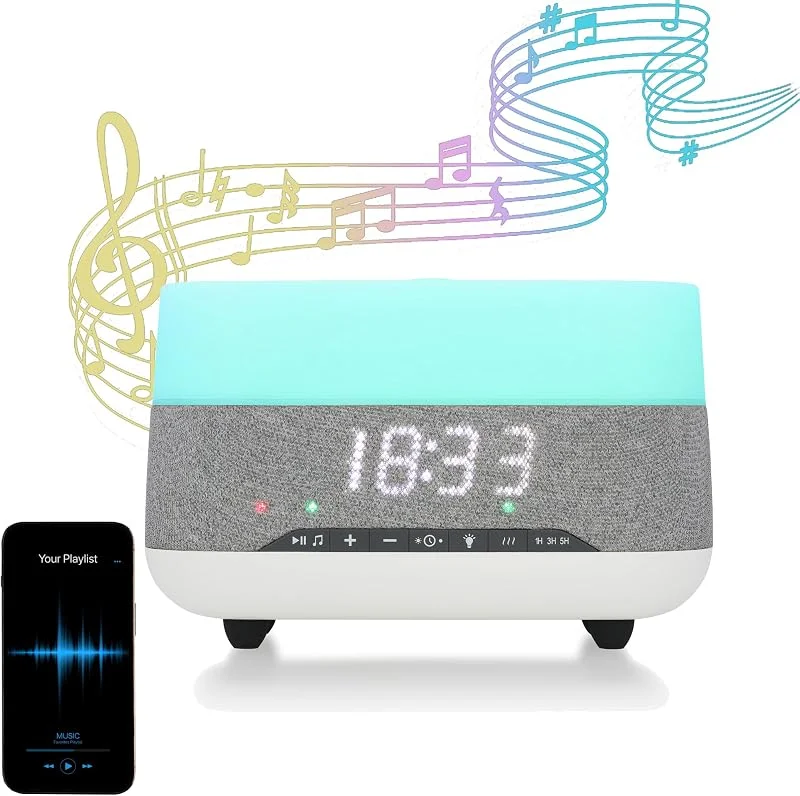 Difusor versátil de óleos essenciais, relógio despertador e reprodução de música, difusor de 300 ml com altifalante Bluetooth e luz LED de 7 cores, humidificador de névoa fria de 3 níveis