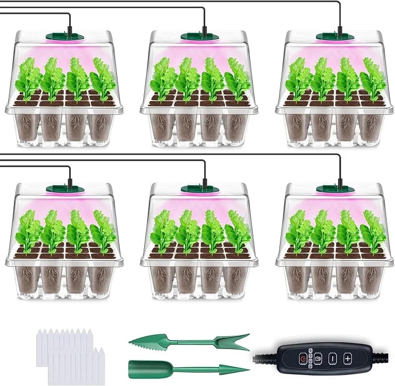 YAUNGEL Bandejas de sementes de germinação, 6 peças mini estufa germinador de sementes com controlador de tempo e brilho ajustável luz solar de espectro completo, transparente — Aquecimento