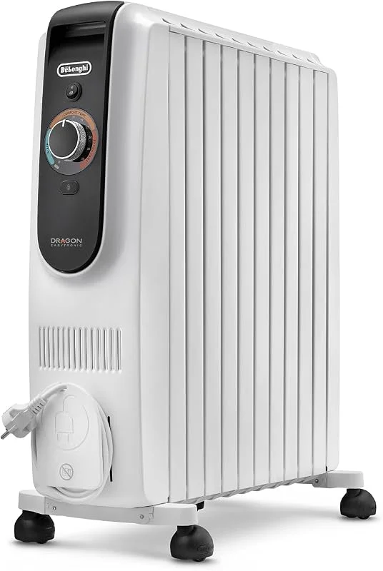 De'Longhi Dragon EasyTronic Radiador de óleo para estações de até 75 m³, aquecedor elétrico com termóstato de segurança, 10 aletas, aquecimento com 12 níveis, portátil, 2500 W, branco (TRD51025)