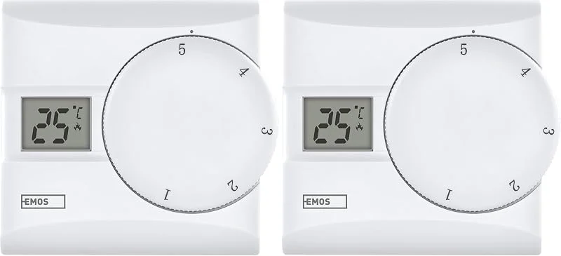 EMOS Termostato digital LCD manual, com cabo, 5 a 30 °C, aquecimento, refrigeração, fácil de usar, montagem em superfície, pilhas incluídas, branco (embalagem de 2)