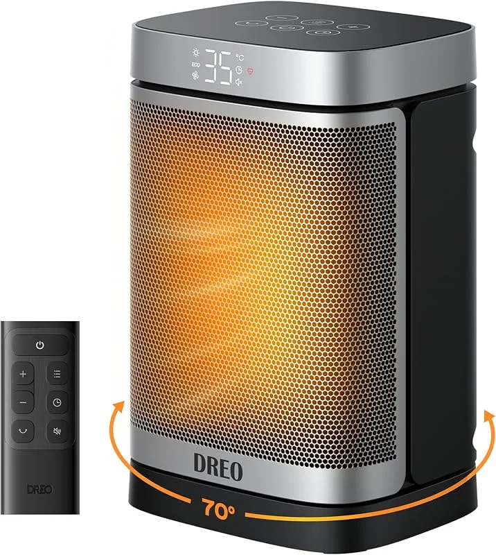 Dreo Aquecedor Atom One, 3 modos de 3 velocidades, oscilação de 70°, aquecedor cerâmico de PTC com termostato, com temporizador de 1 - 12 H, controlo remoto, modo ecológico - economia de energia — Aquecimento