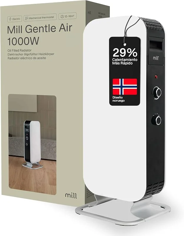 Mill Radiador de óleo de 1000 W MEC, radiador elétrico para 12 a 16 m², aquece 29% mais rápido, silencioso e portátil, seguro sem supervisão, radiador de pé, desenhado na Noruega — Aquecimento