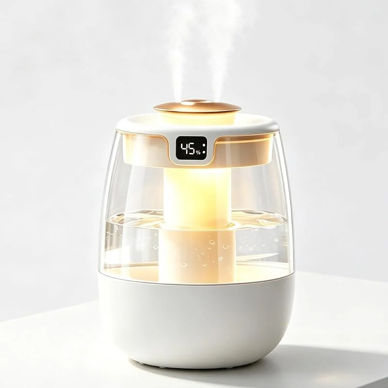 Humidificador de 2 litros para dormitorio, humidificador de niebla fría ultra silencioso de 20 dB, humidificador de aire inteligente con luz nocturna, boquillas dobles de 360° mini