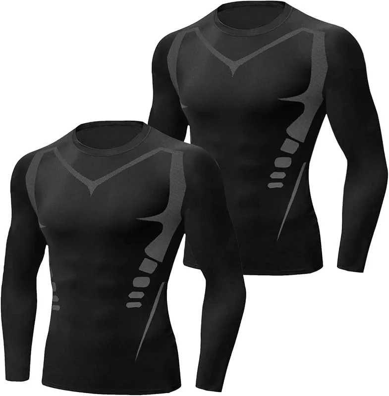 Terecey T-shirt de compressão de manga comprida para homem, t-shirt desportiva de homem respirável, roupa Running homens camisa de compressão decote redondo M-3XL — Roupa aquecida