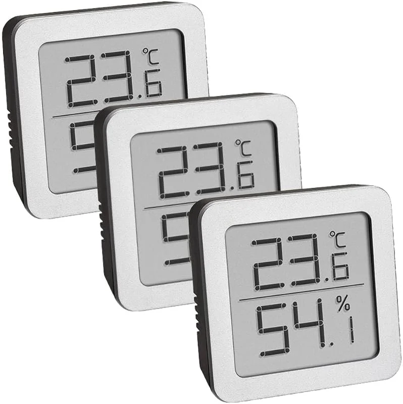 TFA Dostmann Conjunto de 3 higrómetros digitais interiores de 95, 2019, 54 para medir a humidade e a temperatura, com suporte magnético flexível, 90 x 70 x 115 mm, preto e prateado — Humidificador