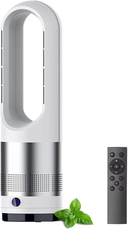 Ventilador de torre sem copo quente e frio de 18 polegadas com controlo remoto: oscilação de 8 80 °, temporizador de 8 h, ecrã LED, circulador de ar e purificador para casa, quarto cinzento — Aquecimento