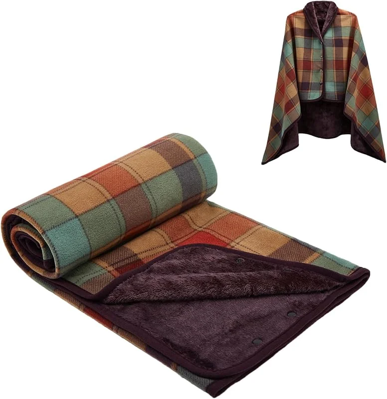 Poncho de inverno para mulher, 2 em 1, manta cachecol com botões de pressão, forro polar quente e suave, camada térmica versátil para casa, escritório, campismo, xaile de quadros ideal para — Aquecimento