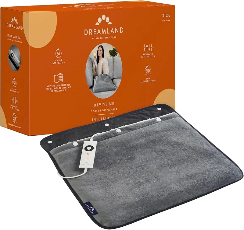 Dreamland Revive Me Comfy Aquecedor de pés com 5 níveis de calor (máximo conforto, com aquecimento rápido, controlos de segurança, tecnologia Intelliheat, lavável na máquina, 50 x 48 cm, controlo