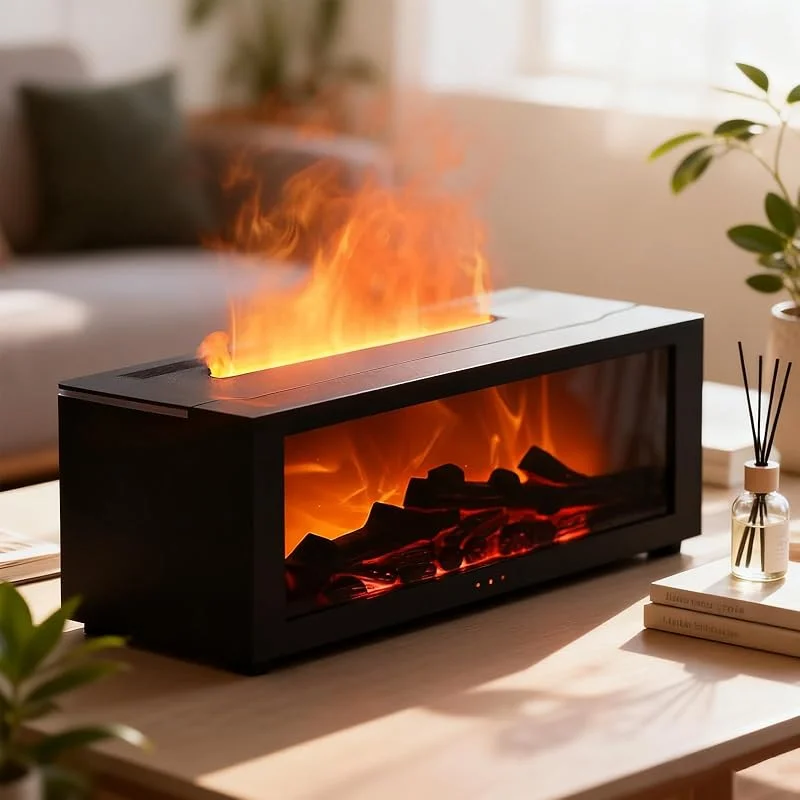 Difusor de lareira de 150 ml, humidificador ultrassónico de névoa fria, 7 cores, efeito de chama, luz noturna, sem água, desligamento automático, função de temporizador, humidificação e aromaterapia