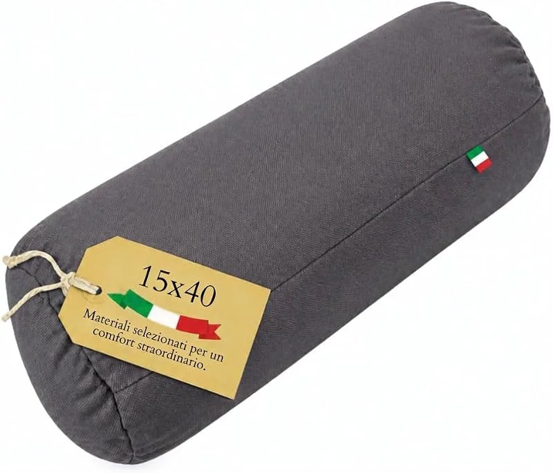 GM Almofada cilíndrica cervical para pescoço, costas e pernas, 40 x 15 cm, fabricada em Itália com capa de tecido resistente à água e manchas castanho — Aquecimento