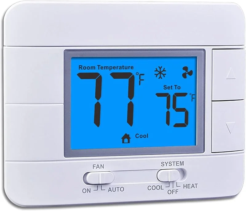 Termostato digital não programável aprimorado para casa, 1 calor, 1 frio, com monitor de temperatura e humidade e ecrã LCD azul grande — Aquecimento