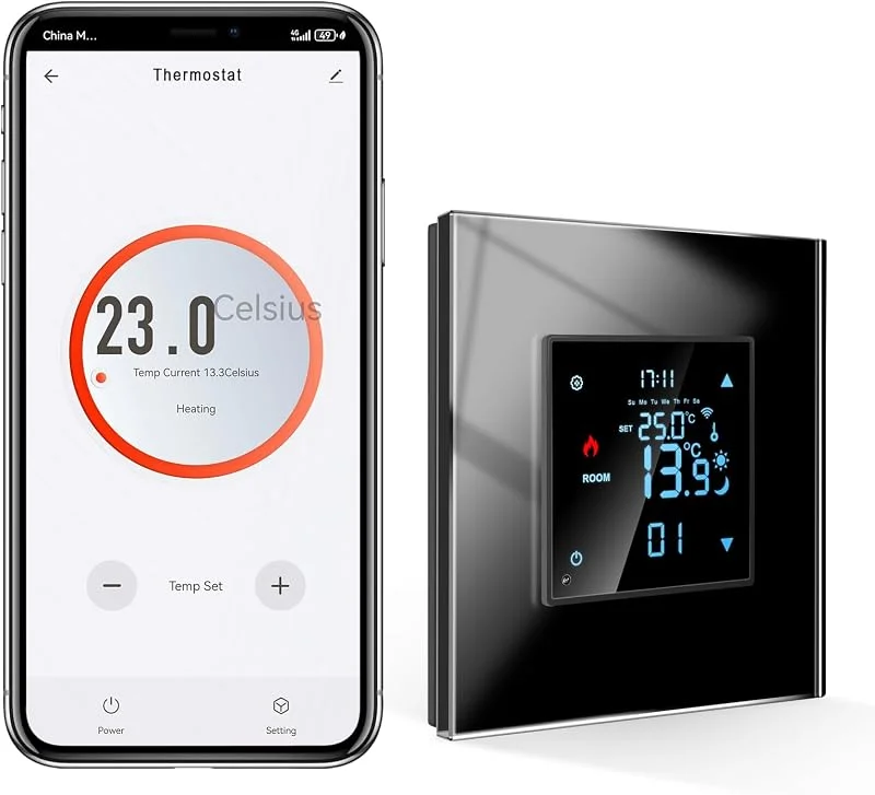 CNBINGO ZigBee Termostato de parede com vidro de vidro, digital, compatível com Alexa Echo, Google Assistant, 16 A, preto — Aquecimento