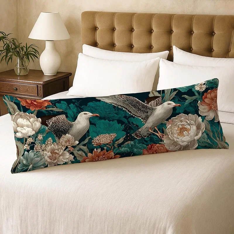 Funda de almohada corporal floral de gaviotas, funda de almohada lumbar de terciopelo suave de arte vintage con cremallera, funda de almohada de cuerpo largo de 20 x 54 pulgadas, funda de almohada — Aquecimento