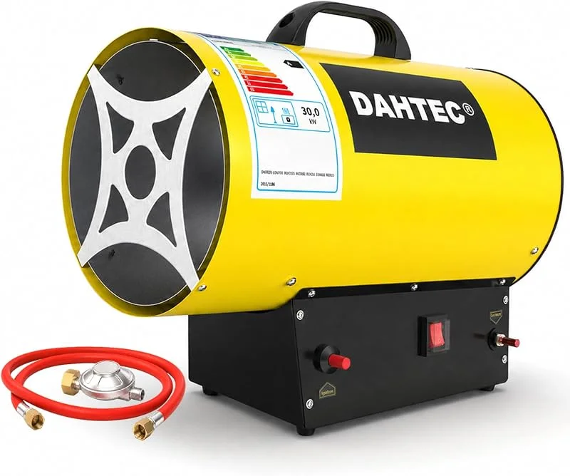 DAHTEC Aquecedor a gás auxiliar 30 kW - canhão de calor - radiador soprador de gás - aquecimento radiante com ventilador - soprador de ar quente para obras, amarelo