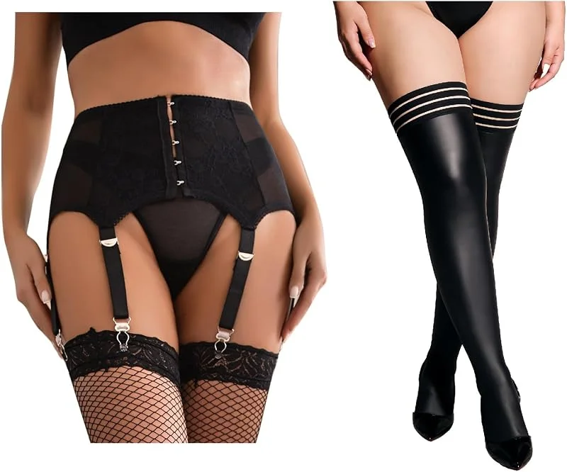 comeondear Meias mulher sexy couro PU preto, XS-M e ligas sexy para mulher com 6 clipes de cintura alta preto, XS-S — Roupa aquecida