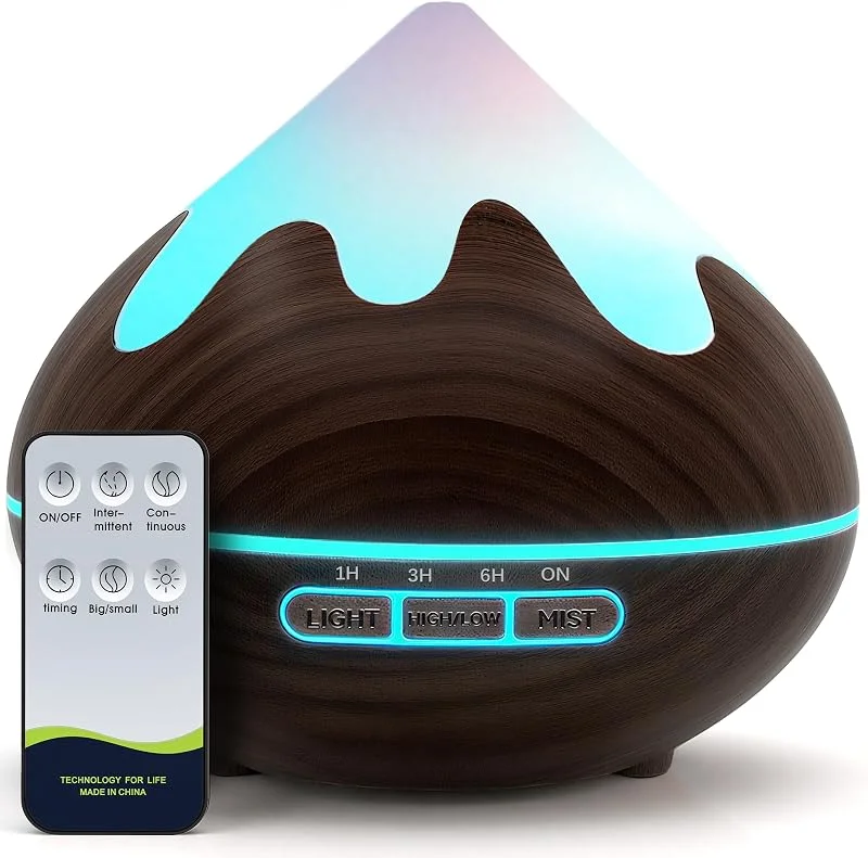 Difusor de óleos essenciais, 500 ml, pequeno difusor de aromaterapia com 7 cores, humidificador óleos essenciais, ultrassónico para escritório em casa, castanho escuro