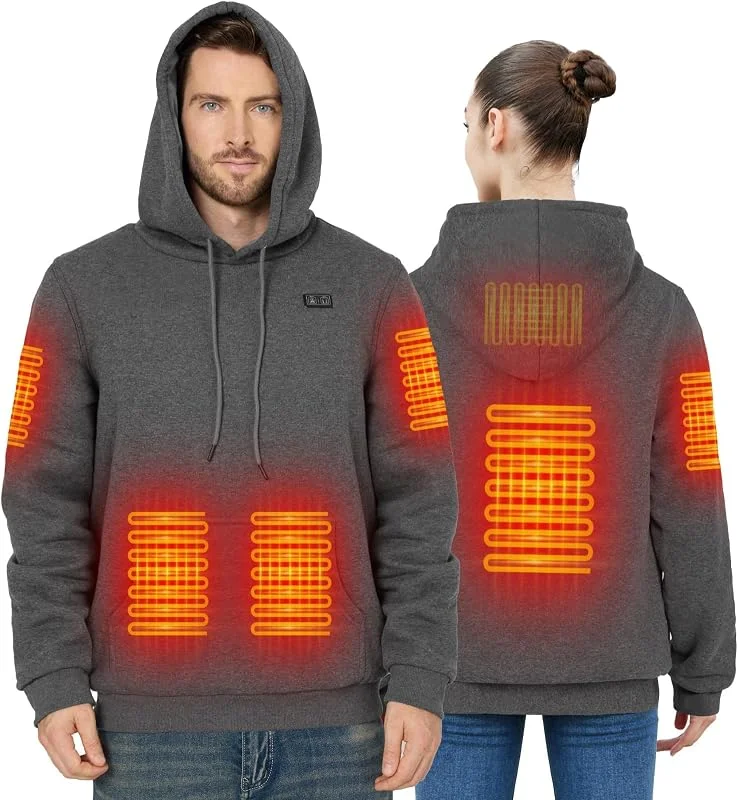 Camisola com capuz aquecedor com forro polar para homem e mulher, bateria 7, 4 V 20000 mAh - casaco térmico inteligente 6 zonas, 3 níveis de calor para exteriores, campismo, caminhadas — Roupa aquecida