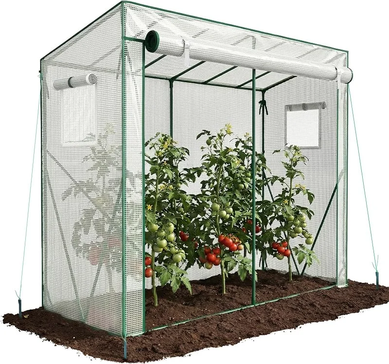 VOUNOT® Estufa para tomates, 200 x 77 x 170 cm, túnel de cultivo com teto inclinado, porta grande e 2 janelas, cobertura PE reforçada, 135 g, m², para plantas verdes flores, branco — Aquecimento