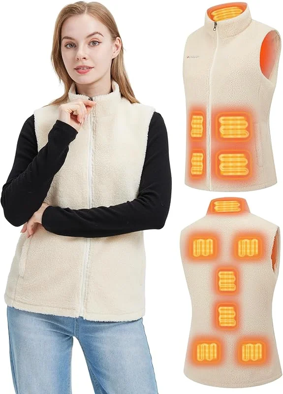 Gokozy Colete térmico de forro polar Sherpa com bateria de 7, 4 V, 11 zonas de aquecimento, colete térmico para mulher, aquecedor de corpo de forro polar Borg para mulher — Roupa aquecida