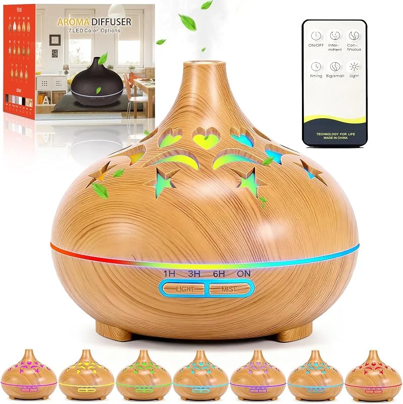 Difusor de óleos essenciais, difusor de aromas com 4 temporizadores e 7 cores LED e controlo remoto, silencioso, desligamento automático, humidificador ultrassónico de aromas para casa
