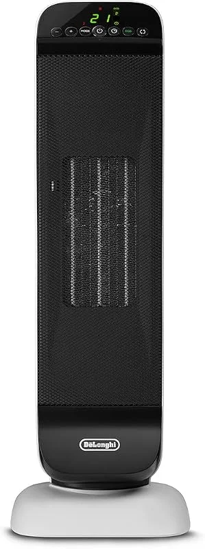 De'Longhi Termoventilador Cerâmico de Torre, Aquecimento Rápido com 2 Níveis, Controlo Remoto, Temporizador 24h, Giratório, Função Eco, Termostato de Segurança, 2000W, HFX25S20, Branco, Preto