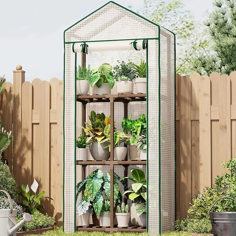 Bamworld Estufa exterior com estufa pequena, 3 níveis, portátil e reutilizável, com cobertura de PE para jardim, terraço e pátio, proteção de inverno para plantas, estrutura de eucalipto robusta — Aquecimento