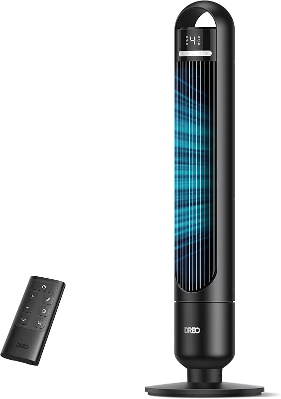 Dreo Ventoinha de torre silenciosa de 23 dB, alcance de 9, 8 m, 4 velocidades e 3 modos, temporizador de 8 h, oscilação de 90°, ideal para quarto e escritório, preto padrão — Aquecimento