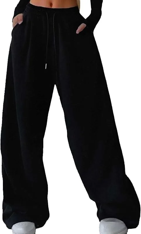 Pantalones deportivos sólidos de estilo para mujer, pierna recta alta, sueltos, informales, pantalones de trabajo de pierna ancha, pantalones de trabajo — Roupa aquecida