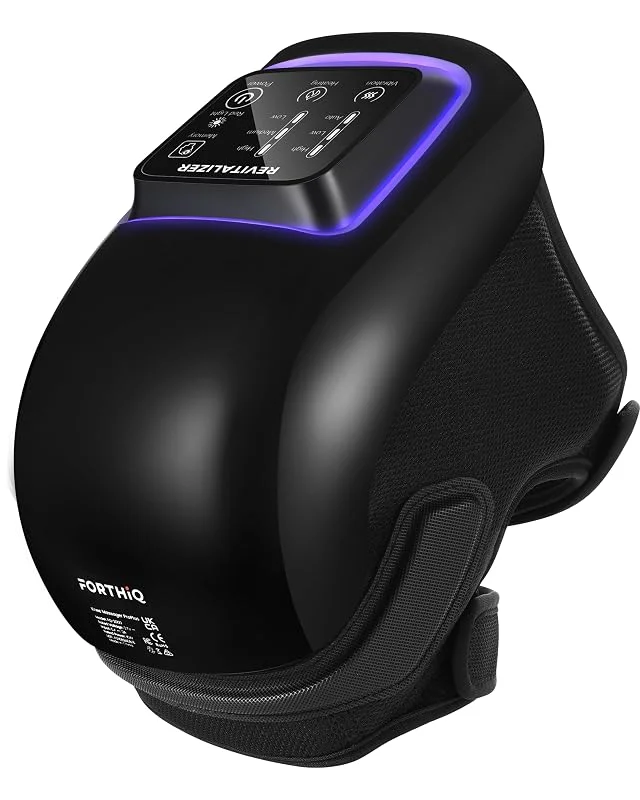 FORTHiQ Pro+ Massajador de Joelho com Calor e Luz Vermelha, 6-em-1: Calor, Luz Vermelha de Duplo Comprimento de Onda e Vibração – Sem Fios, Portátil, Recarregável, Função de Memória e Correias — Roupa aquecida