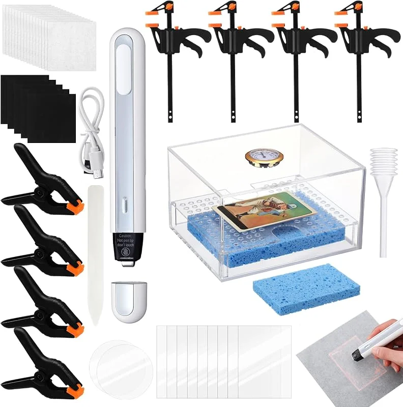 Grinsvalley Kit de achatamento de cartões comerciais, kit de limpeza de cartões desportivos com 1 caixa hidratante, 2 folhas acrílicas, 8 abraçadeiras de plástico, 5 almofadas, 1 pasta de osso — Humidificador