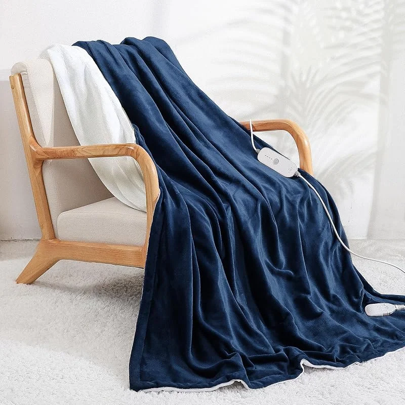 CURECURE Cobertor elétrico 130 x 180 cm, manta térmica 4 níveis de calor, fecho automático 10 H, proteção contra sobrecarga, tecido macio, presente de inverno para cama e sofá (azul escuro) — Aquecimento