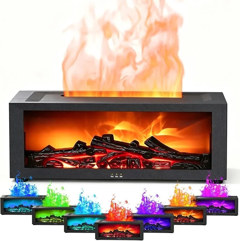 Difusor óleos essenciais com efeito chama, humidificador óleos essenciais com 7 cores de luzes LED, 4 temporizadores e desligamento automático sem água, difusor de aromas para casa, escritório