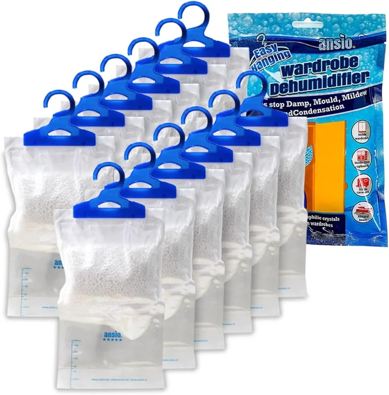 ANSIO Embalagem de 12 sacos suspensos para desumidificadores de armário, para absorver a humidade, condensação, desumidificadores para humidade, mofo, quarto, caravana, casa de banho, cave, escritório — Humidificador