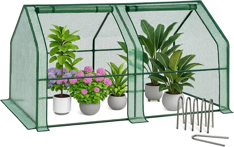 VOUNOT Estufa de jardim Mini, 180 x 90 x 90 cm, com teto em ponta e 2 janelas enroláveis com fecho de correr, cobertura PE reforçada de 135 g, m², para sementes, plantas, flores e legumes, verde — Aquecimento