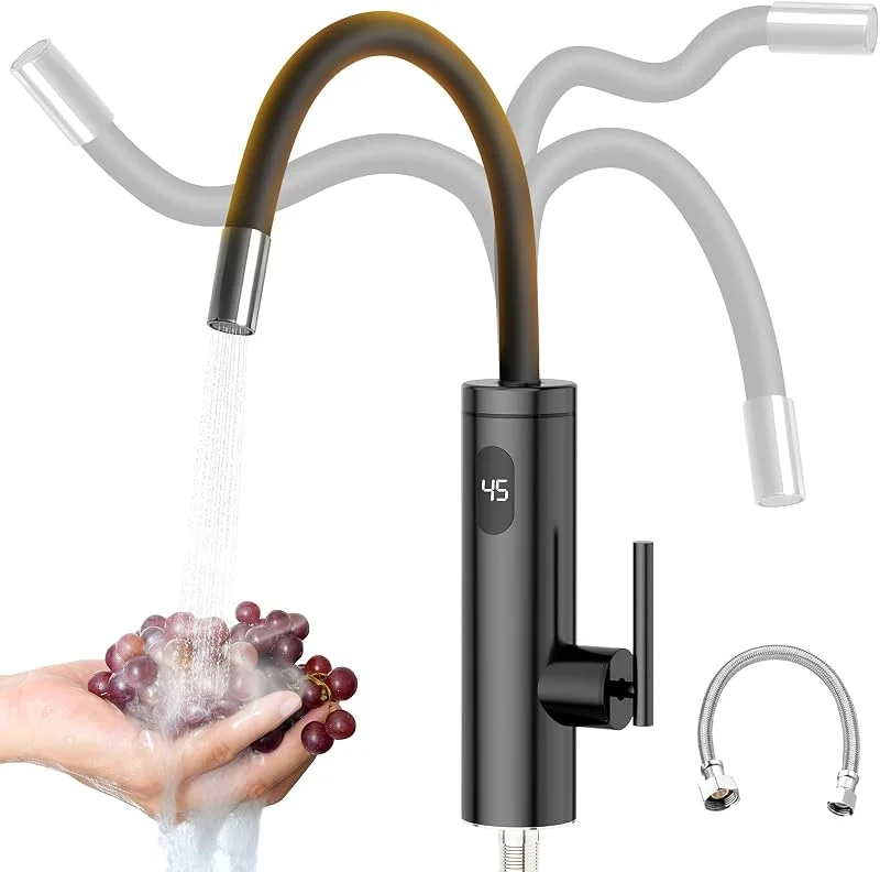 Torneira com aquecedor instantâneo, 3300 W de aço inoxidável com tubo de fornecimento de 40 cm, torneira de água quente instantânea LED giratória de 360 ° em preto — Aquecimento