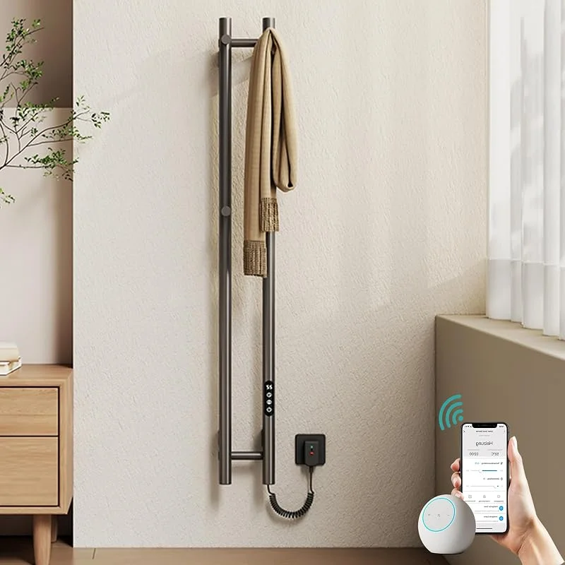 EMKE Toalheiro elétrico 1200 x 124 mm, aquecedor de toalhas de design com controlo de aplicação WiFi, radiador de casa de banho com 4 ganchos, 145 W, IP45, cinzento — Aquecimento