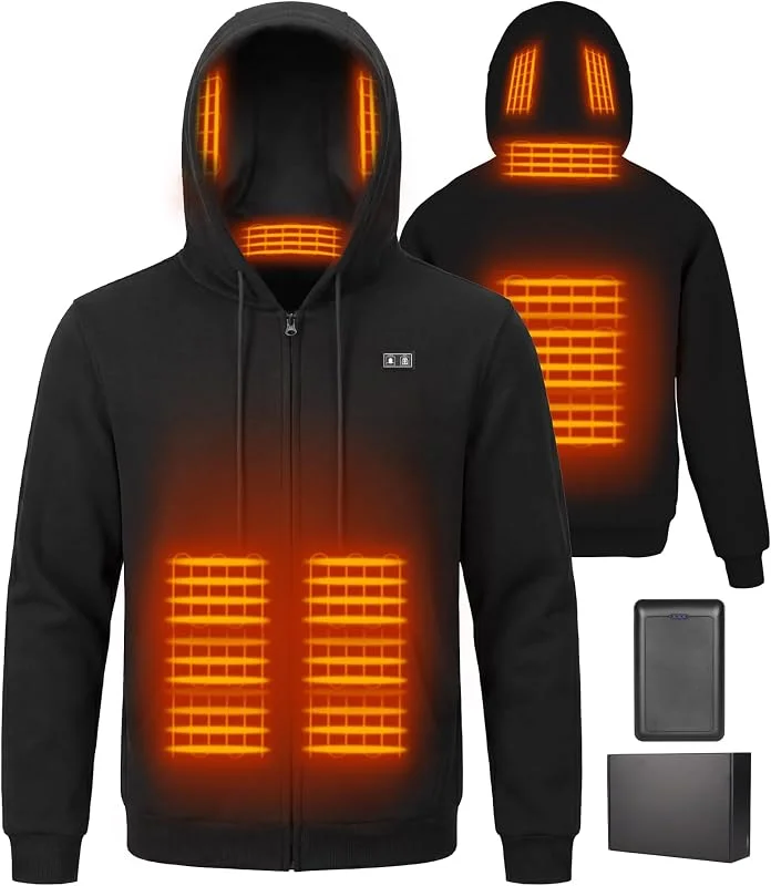 Camisola com capuz aquecida para homem com forro polar, casaco com capuz para o inverno, camisola com bateria de 7, 4 v 16 000 mAh — Roupa aquecida