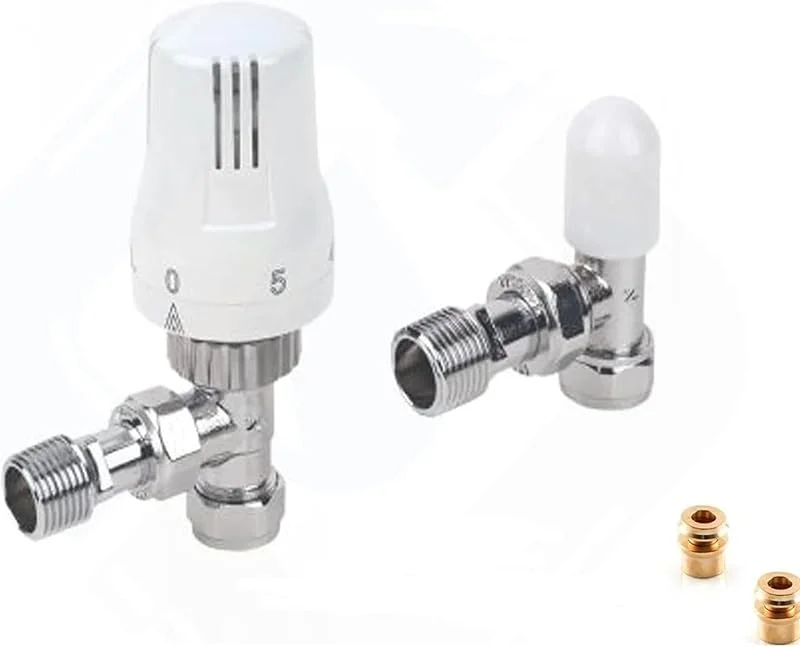 TRV - Válvula termostática para radiador e escudo de bloqueio, Válvula termostática de radiador de 1, 2 polegada x 15 mm, Válvula de termostato de radiador em ângulo com redutores de 10 mm, cor — Aquecimento